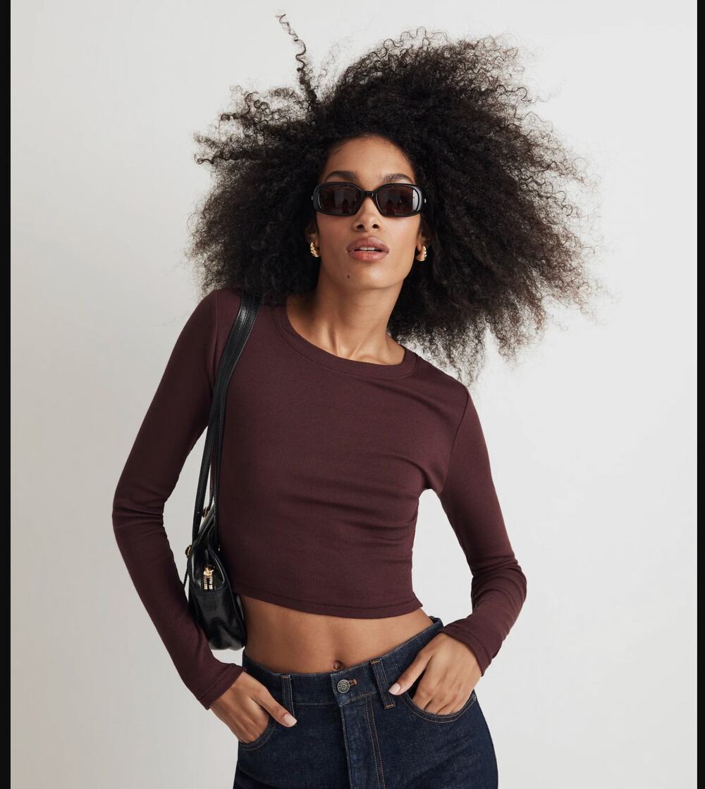 Madewell Women's Fine Rib Long Sleeve Supercrop crewneck maroon sz L